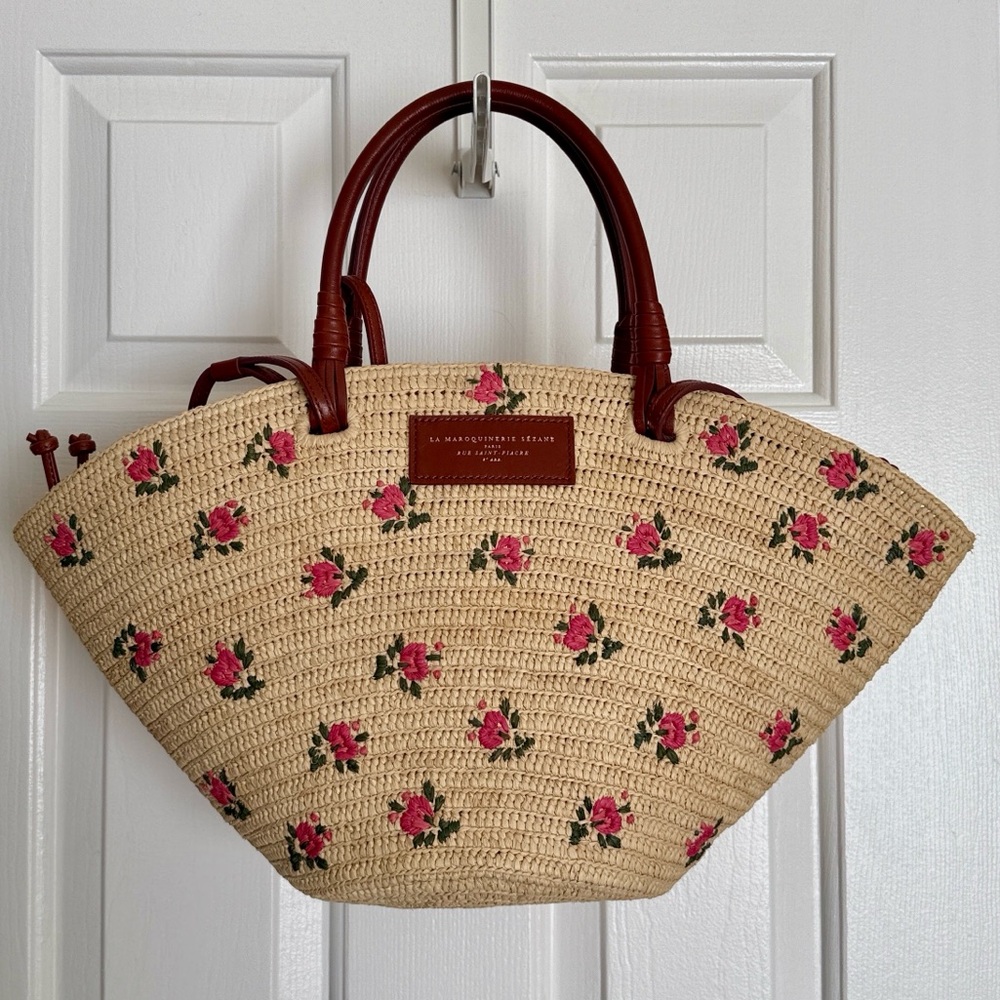 Sezane Justine Basket Bag Embroidered Pink Raffia Flowers NWOT